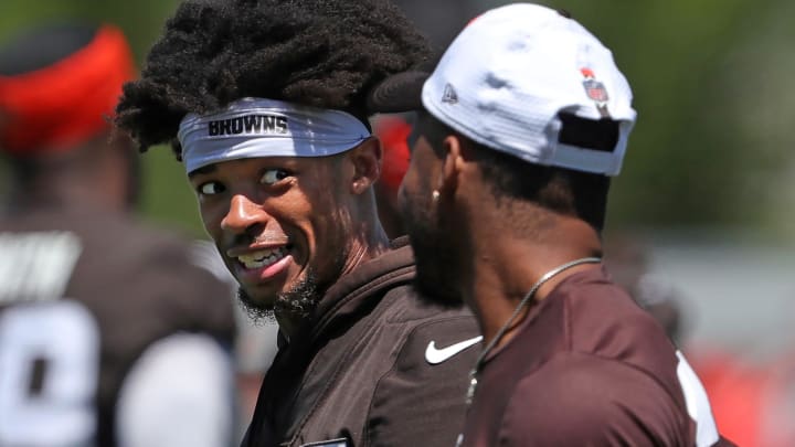 Browns cornerback Greg Newsome II (0) chats with a teammate during minicamp, Tuesday, June 11, 2024, in Berea. Browns cornerback Greg Newsome II (0) chats with a teammate during minicamp, Tuesday, June 11, 2024, in Berea.