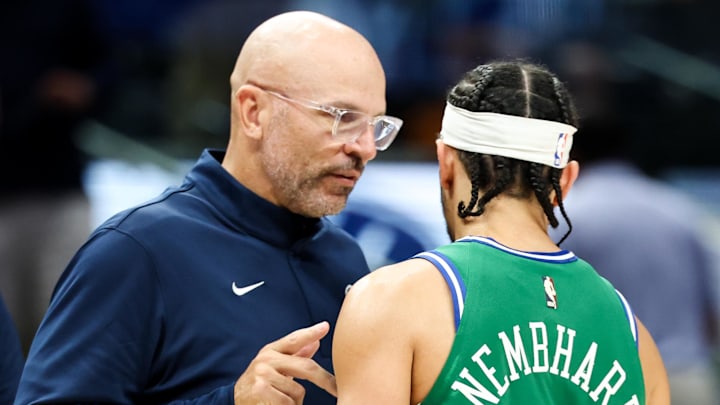 Apr 12, 2026; Dallas, Texas, USA;  Dallas Mavericks head coach Jason Kidd speaks with Dallas Mavericks guard Ryan Nembhard (9) during the second half at American Airlines Center. Mandatory Credit: Kevin Jairaj-Imagn Images