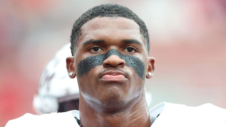 Oct 18, 2025; Fayetteville, Arkansas, USA; Texas A&M Aggies quarterback Marcel Reed (10) prior to the game against the Arkansas Razorbacks at Donald W. Reynolds Razorback Stadium. Mandatory Credit: Nelson Chenault-Imagn Images
