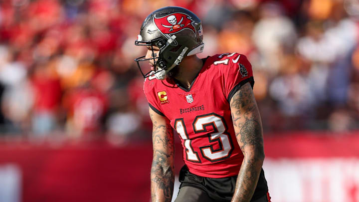 Jan 5, 2025; Tampa, Florida, USA; Tampa Bay Buccaneers wide receiver Mike Evans (13) lines up against the New Orleans Saints in the fourth quarter at Raymond James Stadium. Mandatory Credit: Nathan Ray Seebeck-Imagn Images