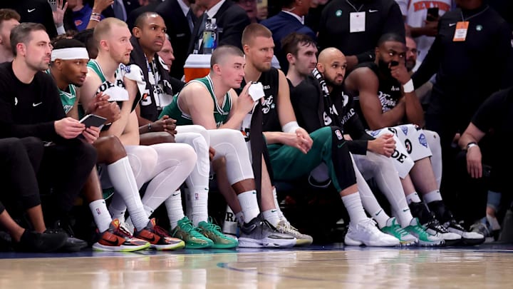 May 16, 2025; New York, New York, USA; Boston Celtics players watch from the bench during the end of the fourth quarter of game six in the second round of the 2025 NBA Playoffs against the New York Knicks at Madison Square Garden. Mandatory Credit: Brad Penner-Imagn Images
