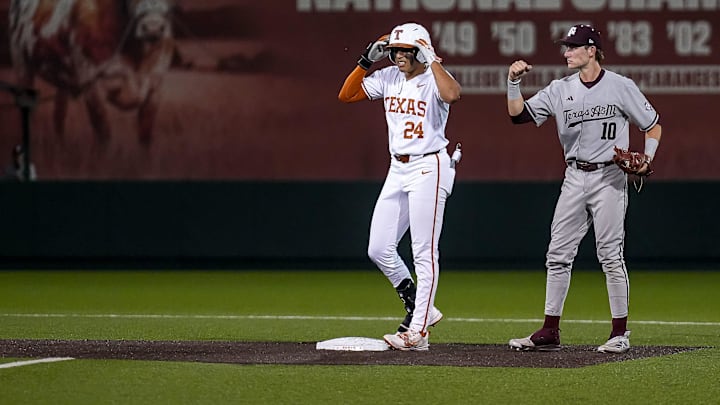 Texas A&M infielder Ben Royo (10) celebrates tagging out Texas Longhorns infielder Adrian Rodriguez (24) during the Lone Star Showdown at UFCU Disch-Falk Field on Friday, April 25, 2025.