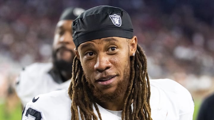 Aug 23, 2025; Glendale, Arizona, USA; Las Vegas Raiders cornerback Eric Stokes (22) against the Arizona Cardinals during a preseason NFL game at State Farm Stadium. Mandatory Credit: Mark J. Rebilas-Imagn Images