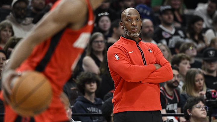 Apr 12, 2024; Portland, Oregon, USA; Portland Trail Blazers head coach Chauncey Billups watches play during the second half against the Houston Rockets at Moda Center. Mandatory Credit: Troy Wayrynen-Imagn Images