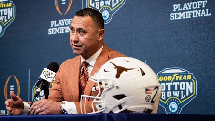 Texas Longhorns Head Coach Steve Sarkisian speaks during the Coaches' Press Conference at AT&T Stadium, Jan. 9, 2024. Both coaches answered questions from the media during the conference, and will face each other in the Cotton Bowl College Football Playoff semi-final game on Friday.