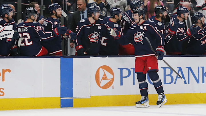 Nov 27, 2024; Columbus, Ohio, USA; Columbus Blue Jackets defenseman Zach Werenski (8) celebrates his goal against the Montreal Canadiens during the third period at Nationwide Arena. Mandatory Credit: Russell LaBounty-Imagn Images