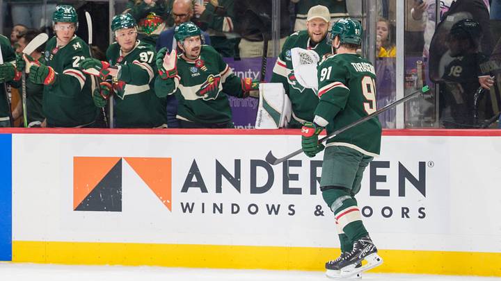 Apr 7, 2026; Saint Paul, Minnesota, USA; Minnesota Wild right wing Vladimir Tarasenko (91) is congratulated by goaltender Filip Gustavsson (32) after scoring on the Seattle Kraken in the second period at Grand Casino Arena. Mandatory Credit: Matt Blewett-Imagn Images