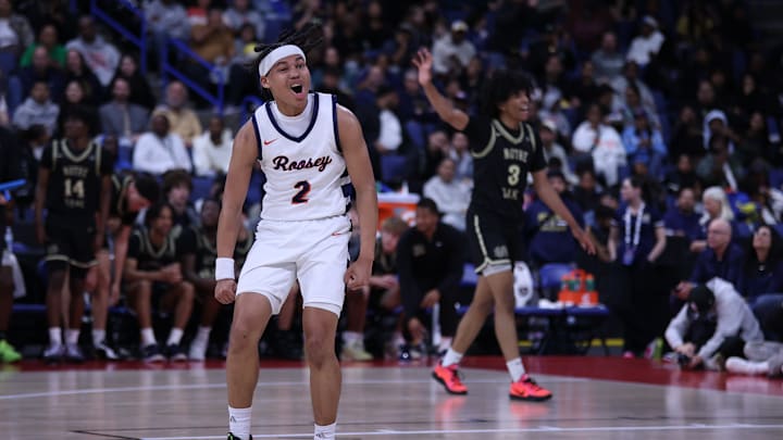 Roosevelt’s Myles Walker celebrates after a basket during the CIF Southern Section Open Division final against Notre Dame/Sherman Oaks at the Toyota Arena in Ontario on Saturday, March 1.