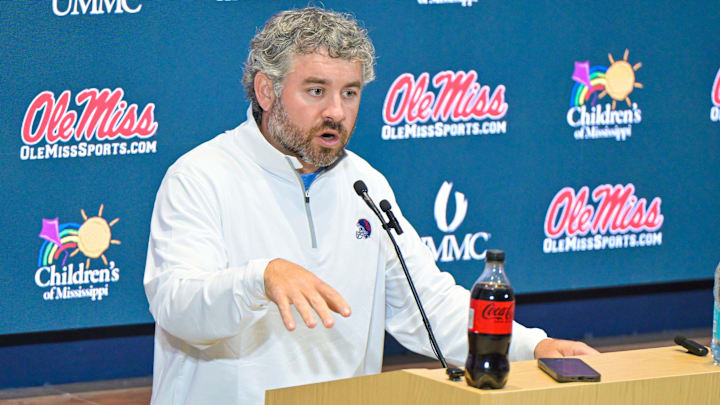 Ole Miss head football coach Pete Golding speaks at a press conference at the Manning Center at the University of Mississippi in Oxford, Miss. on Thursday, December 11, 2025. Ole Miss head football coach Pete Golding speaks at a press conference at the Manning Center at the University of Mississippi in Oxford, Miss. on Thursday, December 11, 2025.