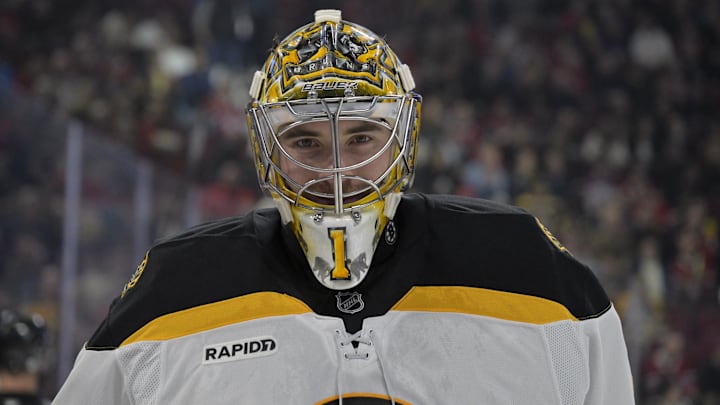 Apr 3, 2025; Montreal, Quebec, CAN; Boston Bruins goalie Jeremy Swayman (1) during the second period of the game against the Boston Bruins at the Bell Centre. Mandatory Credit: Eric Bolte-Imagn Images