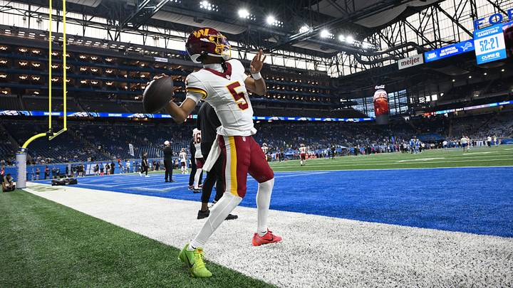Aug 22, 2026; Detroit, Michigan, USA; Washington Commanders quarterback Jayden Daniels (5) throws passes during pregame warmups before their preseason game against the Detroit Lions at Ford Field. Mandatory Credit: Lon Horwedel-Imagn Images Aug 22, 2026; Detroit, Michigan, USA; Washington Commanders quarterback Jayden Daniels (5) throws passes during pregame warmups before their preseason game against the Detroit Lions at Ford Field. Mandatory Credit: Lon Horwedel-Imagn Images