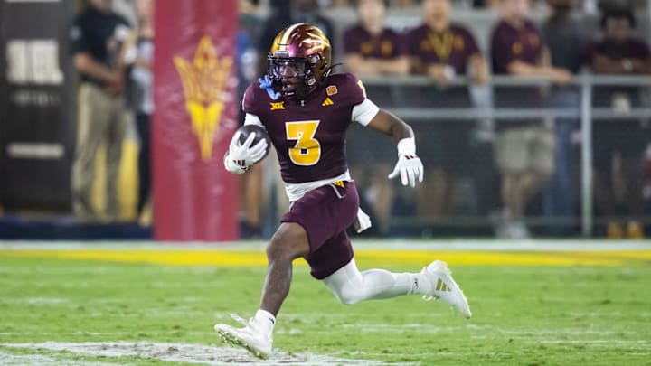 Oct 5, 2024; Tempe, Arizona, USA; Arizona State Sun Devils running back Raleek Brown (3) against the Kansas Jayhawks at Mountain America Stadium. Mandatory Credit: Mark J. Rebilas-Imagn Images