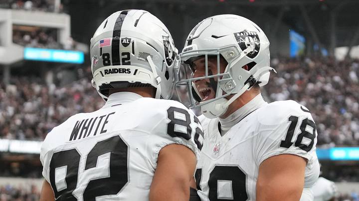 Sep 20, 2026; Inglewood, California, USA; Las Vegas Raiders wide receiver Corey Rucker (82) and Las Vegas Raiders wide receiver Jack Bech (18) celebrate after a touchdown against the Los Angeles Chargers during the second half at SoFi Stadium. Mandatory Credit: Kirby Lee-Imagn Images Sep 20, 2026; Inglewood, California, USA; Las Vegas Raiders wide receiver Corey Rucker (82) and Las Vegas Raiders wide receiver Jack Bech (18) celebrate after a touchdown against the Los Angeles Chargers during the second half at SoFi Stadium. Mandatory Credit: Kirby Lee-Imagn Images
