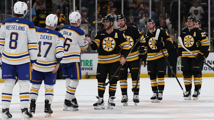 Boston Bruins winger David Pastrnak in the handshake line after losing to the Buffalo Sabres in the 2026 NHL Playoffs