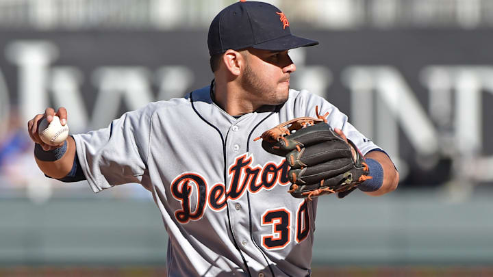 Former Detroit Tigers shortstop Eugenio Suarez (30) turns to make a throw to first against the Kansas City Royals during the eighth inning at Kauffman Stadium.