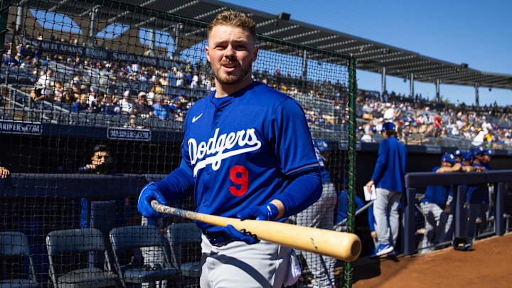 Feb 22, 2024; Peoria, Arizona, USA; Los Angeles Dodgers infielder Gavin Lux against the San Diego
