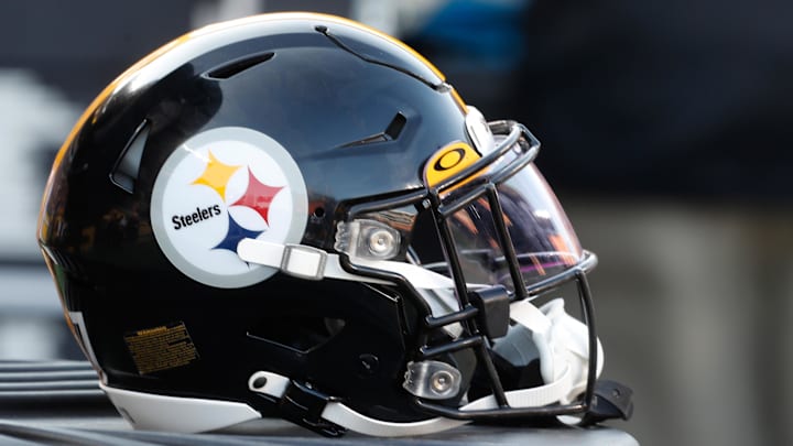 A Pittsburgh Steelers helmet sits on the sidelines against the Buffalo Bills at Acrisure Stadium. 