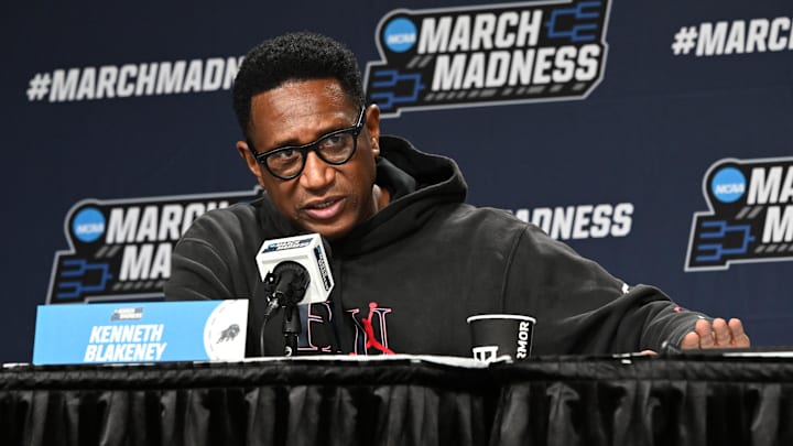 Mar 18, 2026; Buffalo, NY, USA; Howard Bison head coach Kenneth Blakeney meets with the media before a practice session ahead of the first round of the men's 2026 NCAA Tournament at KeyBank Center. Mandatory Credit: Mark Konezny-Imagn Images