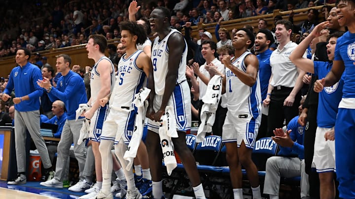 Dec 10, 2024; Durham, North Carolina, USA; The Duke Blue Devils bench reacts during the second half against the Incarnate Word Cardinals at Cameron Indoor Stadium. 