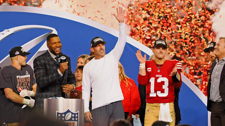 Jan 28, 2024; Santa Clara, California, USA; San Francisco 49ers head coach Kyle Shanahan waves to fans after winning the NFC Championship football game against the Detroit Lions at Levi's Stadium. Mandatory Credit: Kelley L Cox-USA TODAY Sports