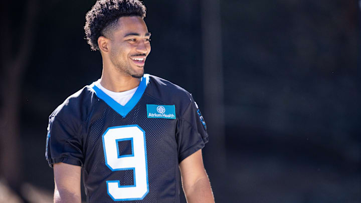 Jul 26, 2025; Charlotte, NC, USA; Carolina Panthers quarterback Bryce Young (9) walks to practice during training camp. 
