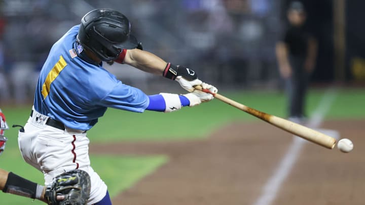 Amarillo Sod Poodles    Jancarlos Cintron (1) barely connects with the ball in a Texas League Championship game against the Arkansas Travelers, Wednesday night, September 27, 2023, at Hodgetown, in Amarillo, Texas. The Amarillo Sod Poodles won 9-1.