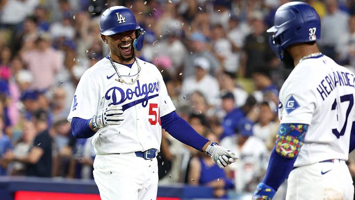 Sep 9, 2026; Los Angeles, California, USA; Los Angeles Dodgers shortstop Mookie Betts (50) celebrates with Los Angeles Dodgers left fielder Teoscar Hernández (37) after hitting a two run home run during the third inning against the Cincinnati Reds at Dodger Stadium. Mandatory Credit: Kiyoshi Mio-Imagn Images Sep 9, 2026; Los Angeles, California, USA; Los Angeles Dodgers shortstop Mookie Betts (50) celebrates with Los Angeles Dodgers left fielder Teoscar Hernández (37) after hitting a two run home run during the third inning against the Cincinnati Reds at Dodger Stadium. Mandatory Credit: Kiyoshi Mio-Imagn Images