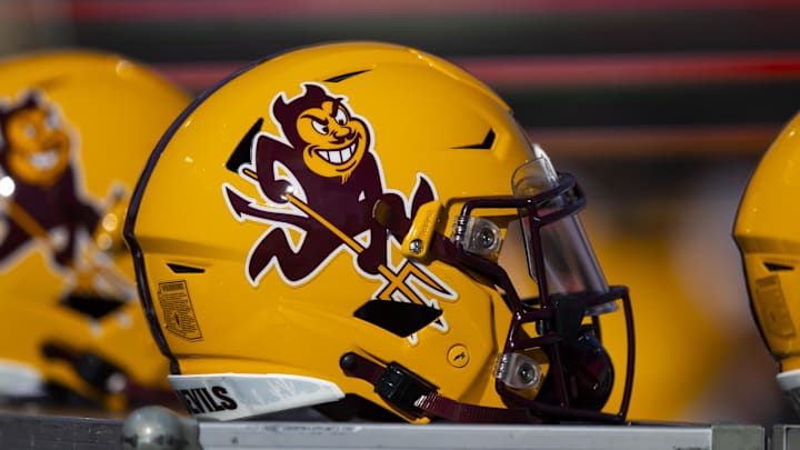 Nov 25, 2022; Tucson, Arizona, USA; Detailed view of an Arizona State Sun Devils helmet during the Territorial Cup at Arizona Stadium. Mandatory Credit: Mark J. Rebilas-Imagn Images Nov 25, 2022; Tucson, Arizona, USA; Detailed view of an Arizona State Sun Devils helmet during the Territorial Cup at Arizona Stadium. Mandatory Credit: Mark J. Rebilas-Imagn Images