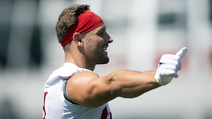 Jun 10, 2025; Santa Clara, CA, USA; San Francisco 49ers defensive end Nick Bosa (97) works out during an OTA at Levi's Stadium. Mandatory Credit: D. Ross Cameron-Imagn Images