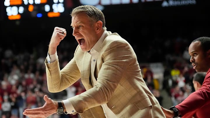 Jan 14, 2025; Tuscaloosa, AL, USA; Alabama head coach Nate Oats expresses his displeasure with the officials after a foul was not called at Coleman Coliseum. Ole Miss defeated Alabama 74-64. Mandatory Credit: Gary Cosby Jr.-Tuscaloosa News