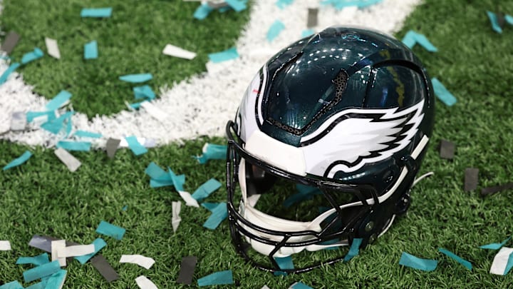Feb 9, 2025; New Orleans, LA, USA; A Philadelphia Eagles player's helmet rests on the field after Super Bowl LIX against the Kansas City Chiefs at Caesars Superdome. Mandatory Credit: Geoff Burke-Imagn Images