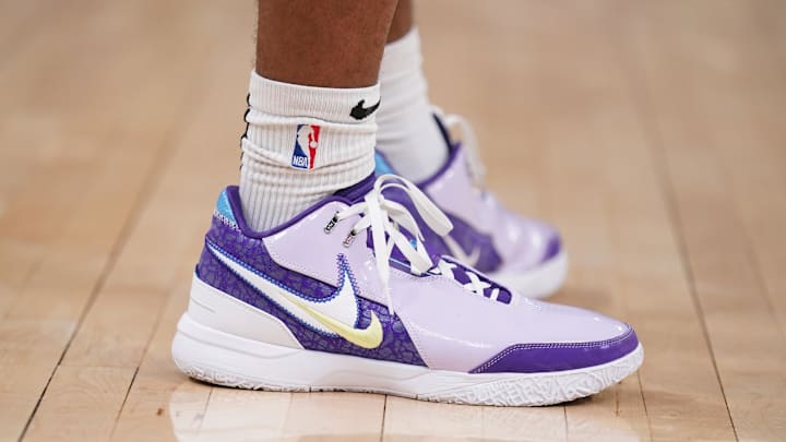 Oct 18, 2024; San Francisco, California, USA; A detailed view of the shoes worn by Los Angeles Lakers guard Bronny James (9) against the Golden State Warriors in the second quarter at the Chase Center.