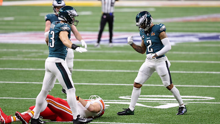 Feb 9, 2025; New Orleans, LA, USA; Philadelphia Eagles cornerback Darius Slay Jr. (2) reacts after breaking up a pass intended for Kansas City Chiefs tight end Travis Kelce (87) during the first half of Super Bowl LIX at Caesars Superdome. 