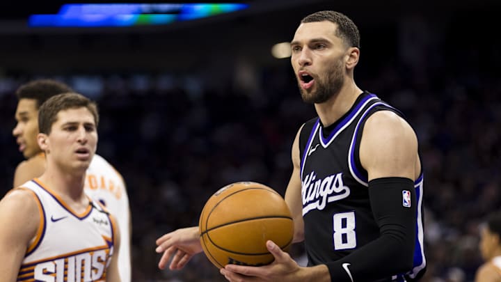 Apr 13, 2025; Sacramento, California, USA;  Sacramento Kings guard Zach LaVine (8) reacts during the second quarter against the Phoenix Suns at Golden 1 Center. Mandatory Credit: John Hefti-Imagn Images