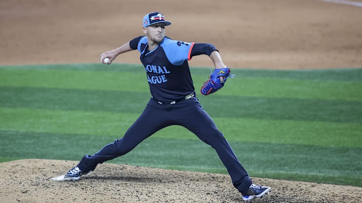 Jul 16, 2024; Arlington, Texas, USA; National League pitcher Jeff Hoffman of the Philadelphia Phillies (23) pitches in the eight inning during the 2024 MLB All-Star game at Globe Life Field.
