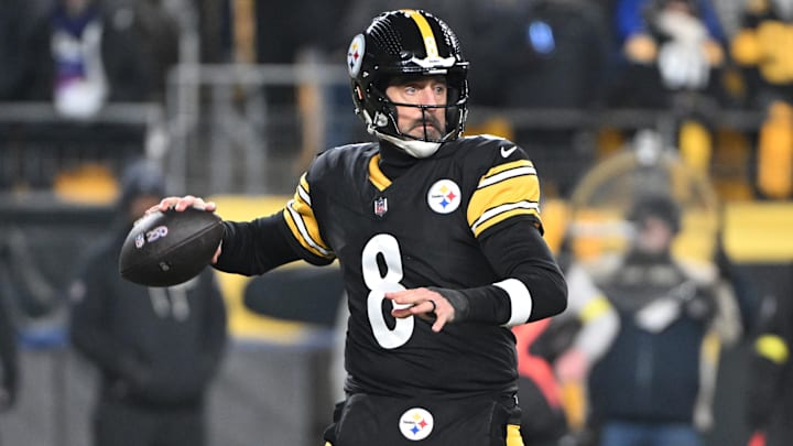 Jan 4, 2026; Pittsburgh, Pennsylvania, USA; Pittsburgh Steelers quarterback Aaron Rodgers (8) drops back to pass against the Baltimore Ravens during the first half at Acrisure Stadium. 