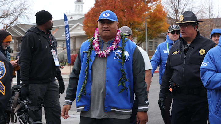 Nov 18, 2023; Provo, Utah, USA; Brigham Young Cougars head coach Kalani Sitake arrives at LaVell Edwards Stadium before the game against the Oklahoma Sooners. Mandatory Credit: Rob Gray-USA TODAY Sports