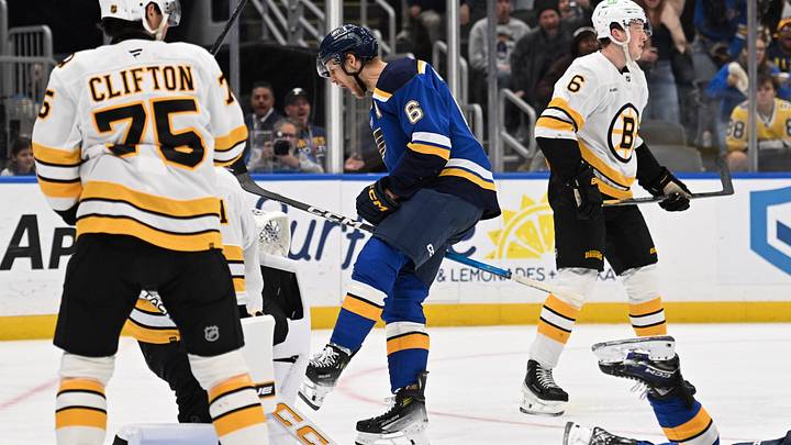 Oct 29, 2026; St. Louis, Missouri, USA; St. Louis Blues defenseman Philip Broberg (6) celebrates after scoring against the Boston Bruins in the second period at Enterprise Center. Mandatory Credit: Joe Puetz-Imagn Images Oct 29, 2026; St. Louis, Missouri, USA; St. Louis Blues defenseman Philip Broberg (6) celebrates after scoring against the Boston Bruins in the second period at Enterprise Center. Mandatory Credit: Joe Puetz-Imagn Images