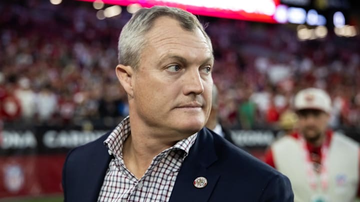 Dec 17, 2023; Glendale, Arizona, USA; San Francisco 49ers general manager John Lynch against the Arizona Cardinals at State Farm Stadium. Mandatory Credit: Mark J. Rebilas-USA TODAY Sports