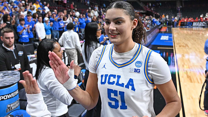 Mar 28, 2025; Spokane, WA, USA; UCLA Bruins center Lauren Betts (51) walks off the court during a Sweet 16 NCAA Tournament basketball game against the Ole Miss Rebels at Spokane Arena. at Spokane Arena. Mandatory Credit: James Snook-Imagn Images