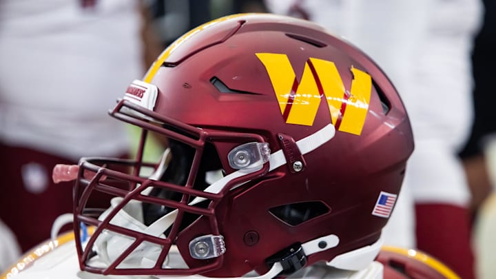 Sep 29, 2024; Glendale, Arizona, USA; Detailed view of a Washington Commanders helmet at State Farm Stadium. Mandatory Credit: Mark J. Rebilas-Imagn Images