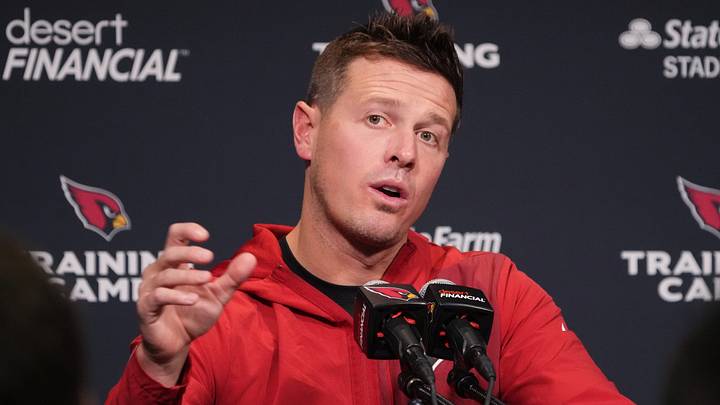 Arizona Cardinals head coach Mike LaFleur speaks to the press during training camp at State Farm Stadium in Glendale on July 26, 2026.