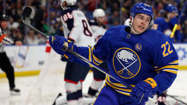 Dec 30, 2023; Buffalo, New York, USA;  Buffalo Sabres right wing Jack Quinn (22) reacts after