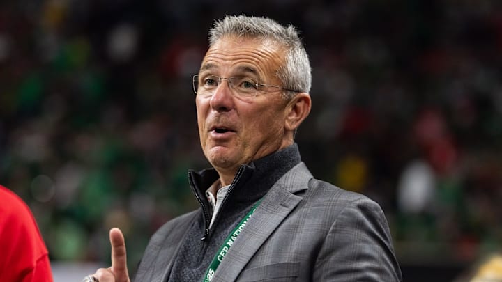Jan 20, 2025; Atlanta, GA, USA; Ohio State Buckeyes former head coach Urban Meyer in attendance against the Notre Dame Fighting Irish during the CFP National Championship college football game at Mercedes-Benz Stadium. Mandatory Credit: Mark J. Rebilas-Imagn Images