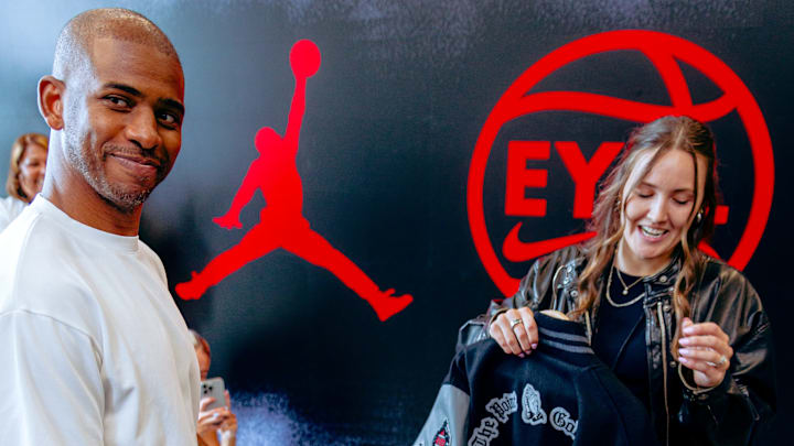 Chris Paul received a custom jacket from Jordan Brand. Chris Paul received a custom jacket from Jordan Brand.
