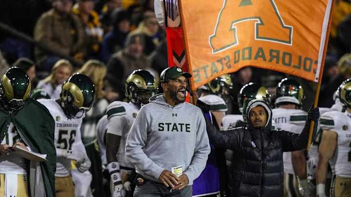 Nov 3, 2023; Laramie, Wyoming, USA; Colorado State Rams head coach Jay Norvell reacts against the