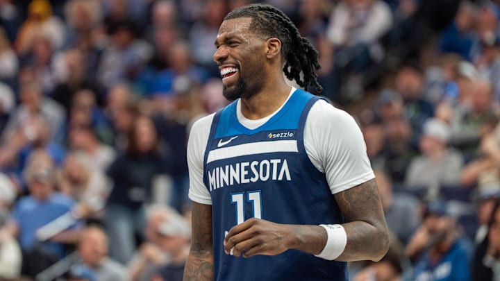 Apr 13, 2025; Minneapolis, Minnesota, USA; Minnesota Timberwolves center Naz Reid (11) laughs with a teammate during a stoppage in the fourth quarter against the Utah Jazz at Target Center. Mandatory Credit: Matt Blewett-Imagn Images Apr 13, 2025; Minneapolis, Minnesota, USA; Minnesota Timberwolves center Naz Reid (11) laughs with a teammate during a stoppage in the fourth quarter against the Utah Jazz at Target Center. Mandatory Credit: Matt Blewett-Imagn Images