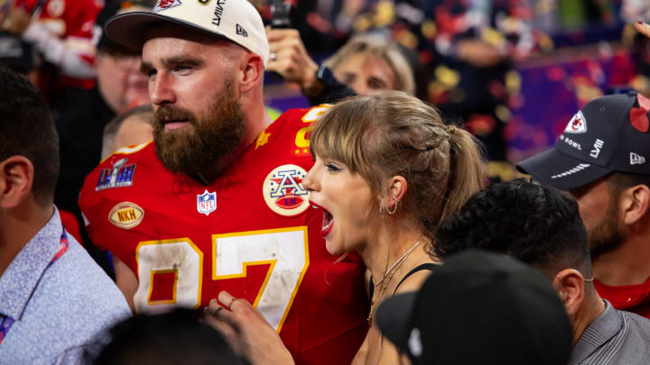 Feb 11, 2024; Paradise, Nevada, USA; Kansas City Chiefs tight end Travis Kelce (87) celebrates with girlfriend Taylor Swift after defeating the San Francisco 49ers in Super Bowl LVIII at Allegiant Stadium. Mandatory Credit: Mark J. Rebilas-USA TODAY Sports