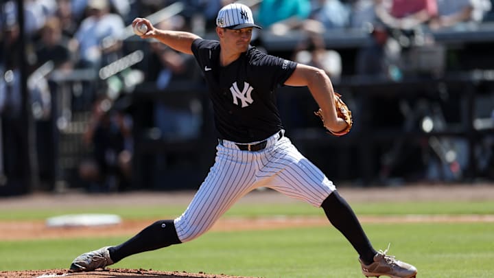 Feb 23, 2025; Tampa, Florida, USA; New York Yankees pitcher Sean Boyle (96) throws a pitch against the Detroit Tigers in the first inning during spring training at George M. Steinbrenner Field. Feb 23, 2025; Tampa, Florida, USA; New York Yankees pitcher Sean Boyle (96) throws a pitch against the Detroit Tigers in the first inning during spring training at George M. Steinbrenner Field.