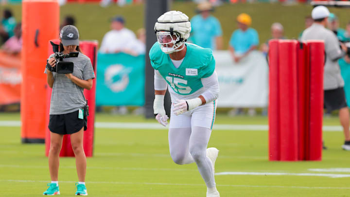 Miami Dolphins linebacker Jaelan Phillips (15) works during training camp at Baptist Health Training Complex. Miami Dolphins linebacker Jaelan Phillips (15) works during training camp at Baptist Health Training Complex.
